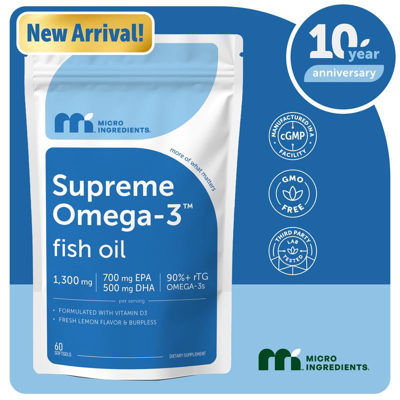 Micro Ingredients Supreme Omega-3 Fish Oil W/Ultra High EPA & DHA, Burpless Softgels | Rtg Omega-3 with Vitamin D3 | Wild-Caught Cold Deep-Sea Water | Lemon Flavor, Easy to Swallow, 60Ct