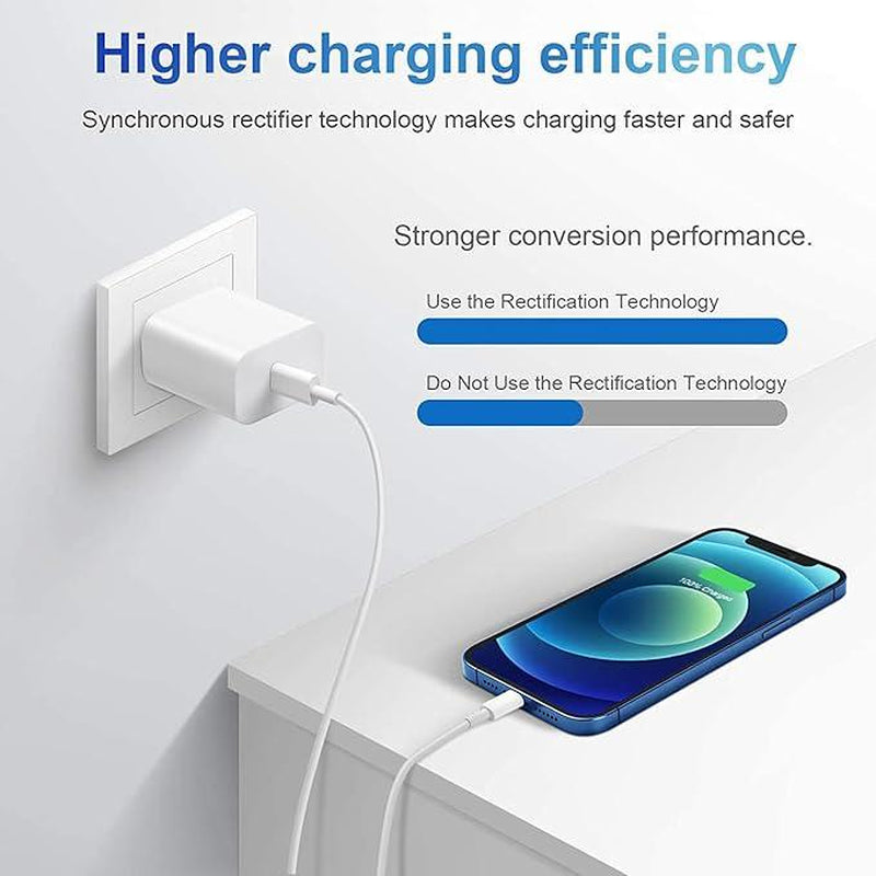 20W 8-Pcs 6FT Super Fast Charger Set USB-C Wall Chargerfor Iphone 14/13/12Airpods Pro Mobile Smartphone Device Cellphone
