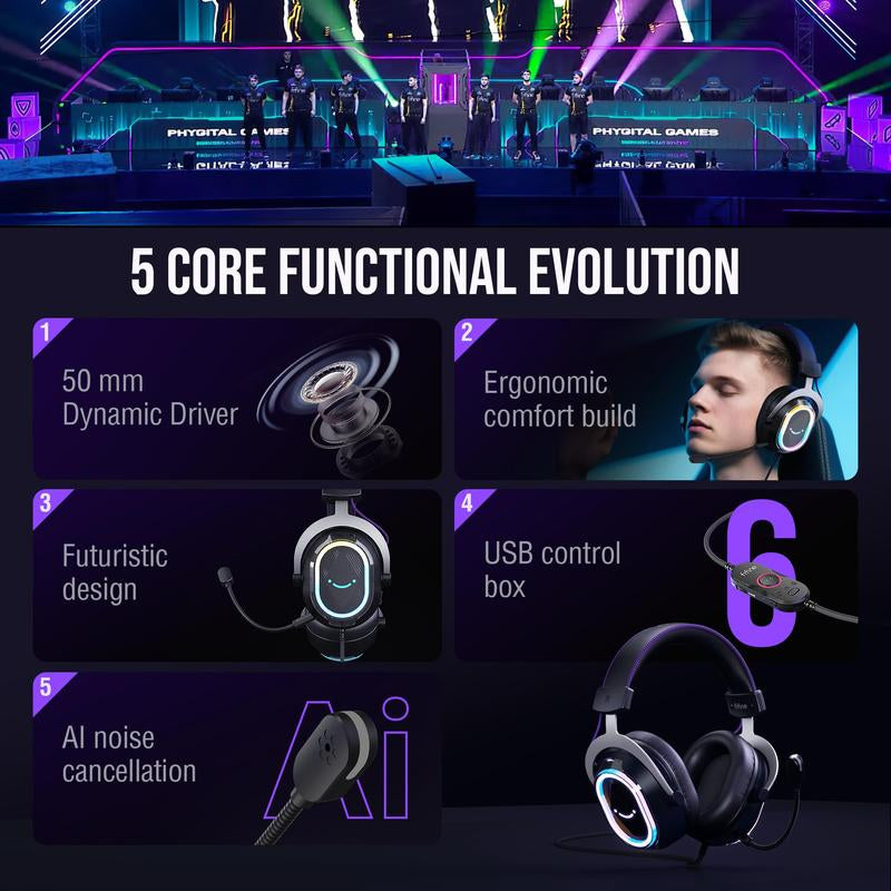 FIFINE Ampligame H13 - with Mic - 7.1 Surround Sound - Vibrant RGB Lighting - Ergonomic Ear Pads - Control Box, Streaming USB Headset for PC, PS5/PS4, Laptop, Mac