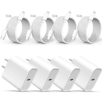 20W 8-Pcs 6FT Super Fast Charger Set USB-C Wall Chargerfor Iphone 14/13/12Airpods Pro Mobile Smartphone Device Cellphone